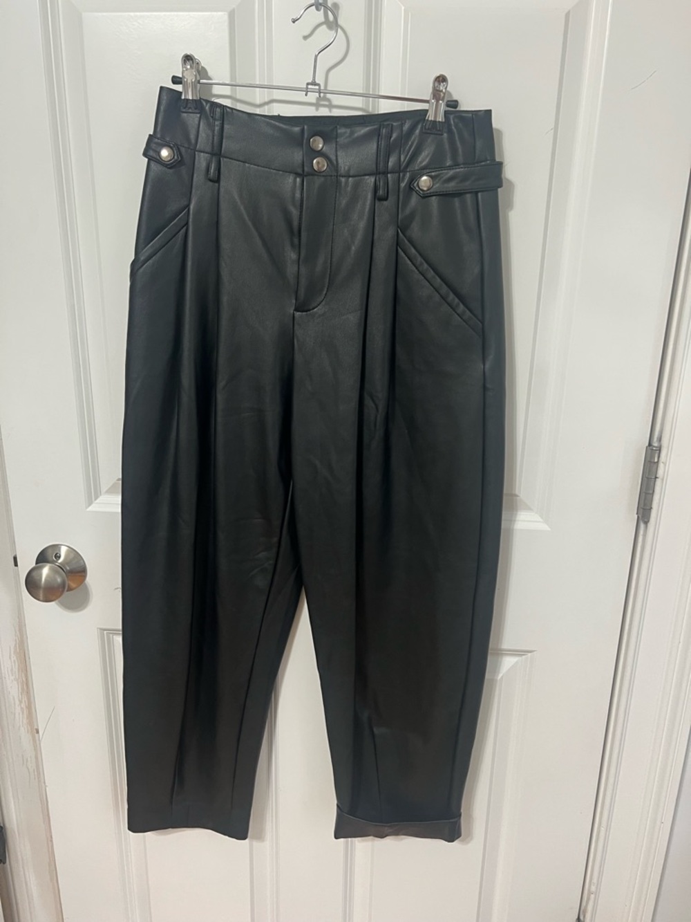 Anthropologie Black Faux Leather Pleated High-Waist Pants